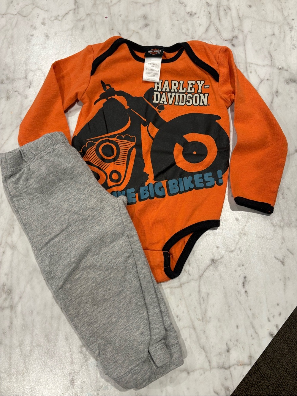 Harley-Davidson Orange and Black Motorcycle Graphic Baby One-Piece Outfit 12m